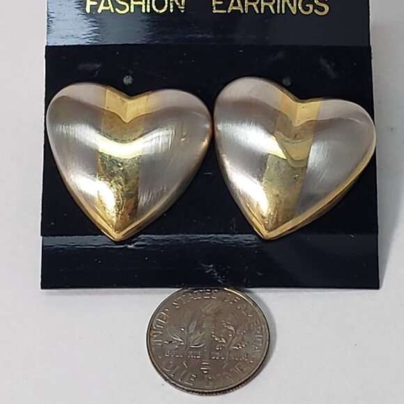 Gold, Silver Dual-Tone Stud Earrings Modern Stripe Design, 1"x1” Fashion Jewelry - Picture 6 of 7
